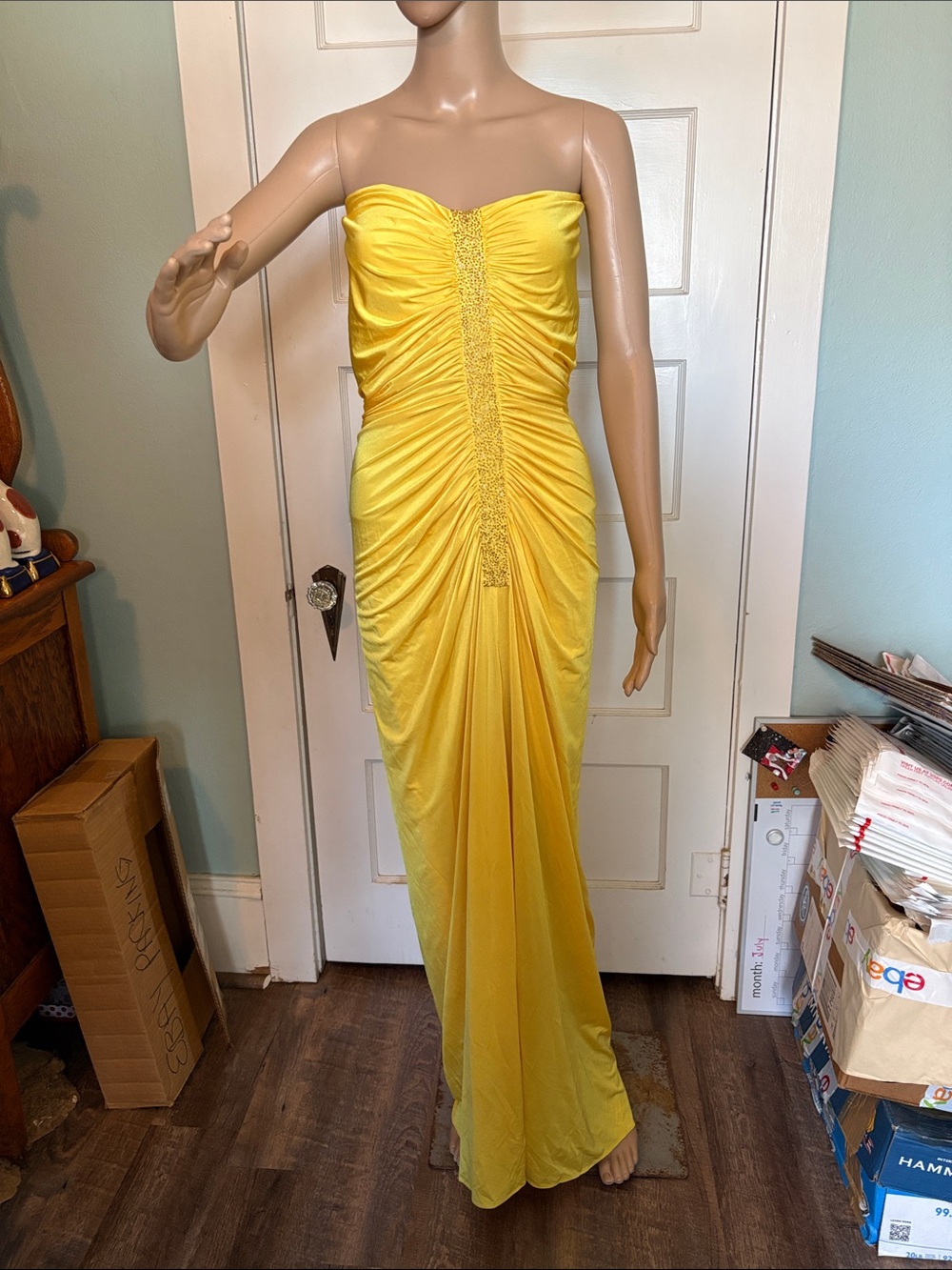 Adrianna Papell Strapless Yellow Ruched Evening Gown Size 8